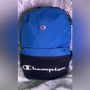Champion Manuscript bbackpack in light blue and black polyester.